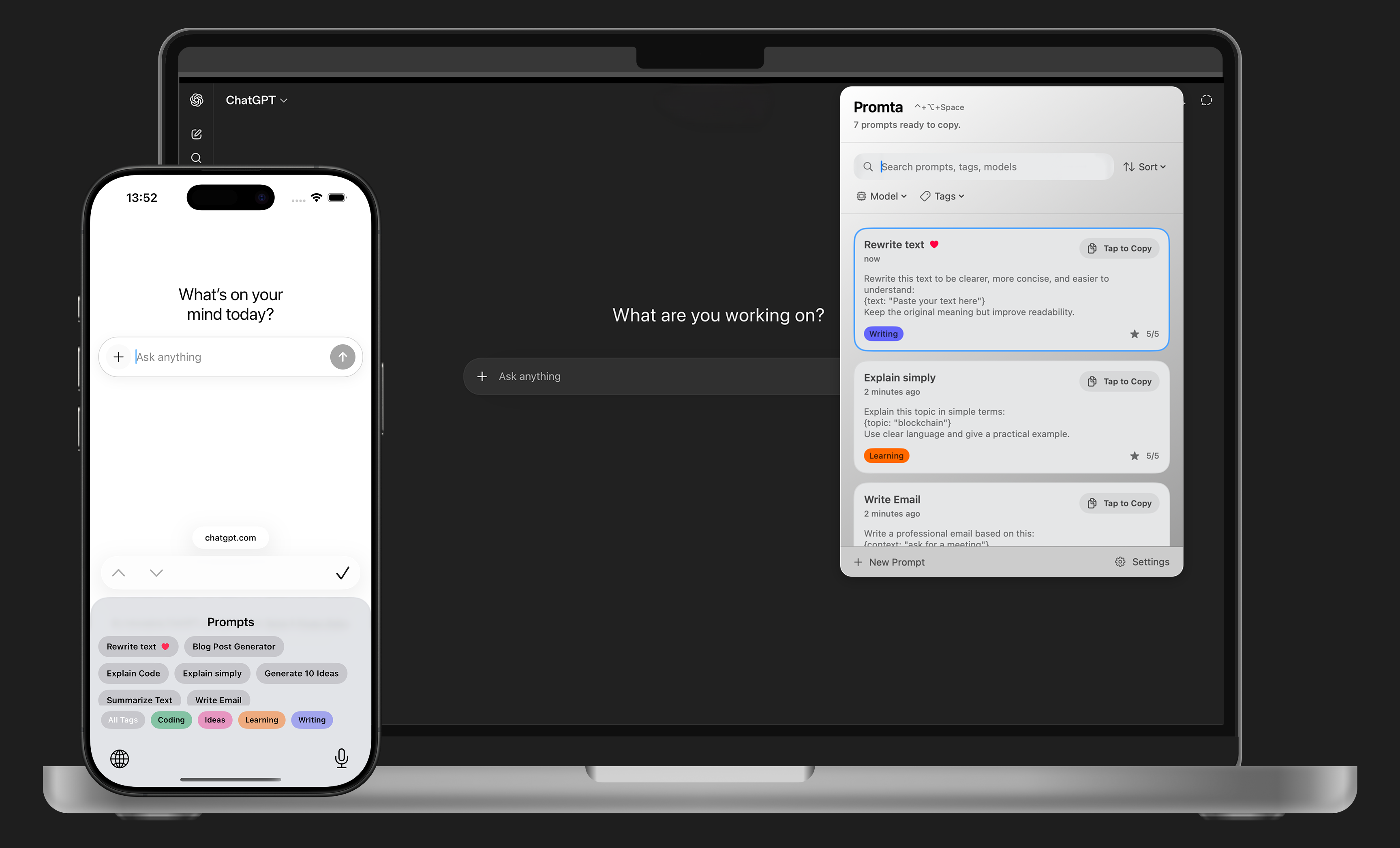 Promta keyboard and menu bar access across iPhone and Mac