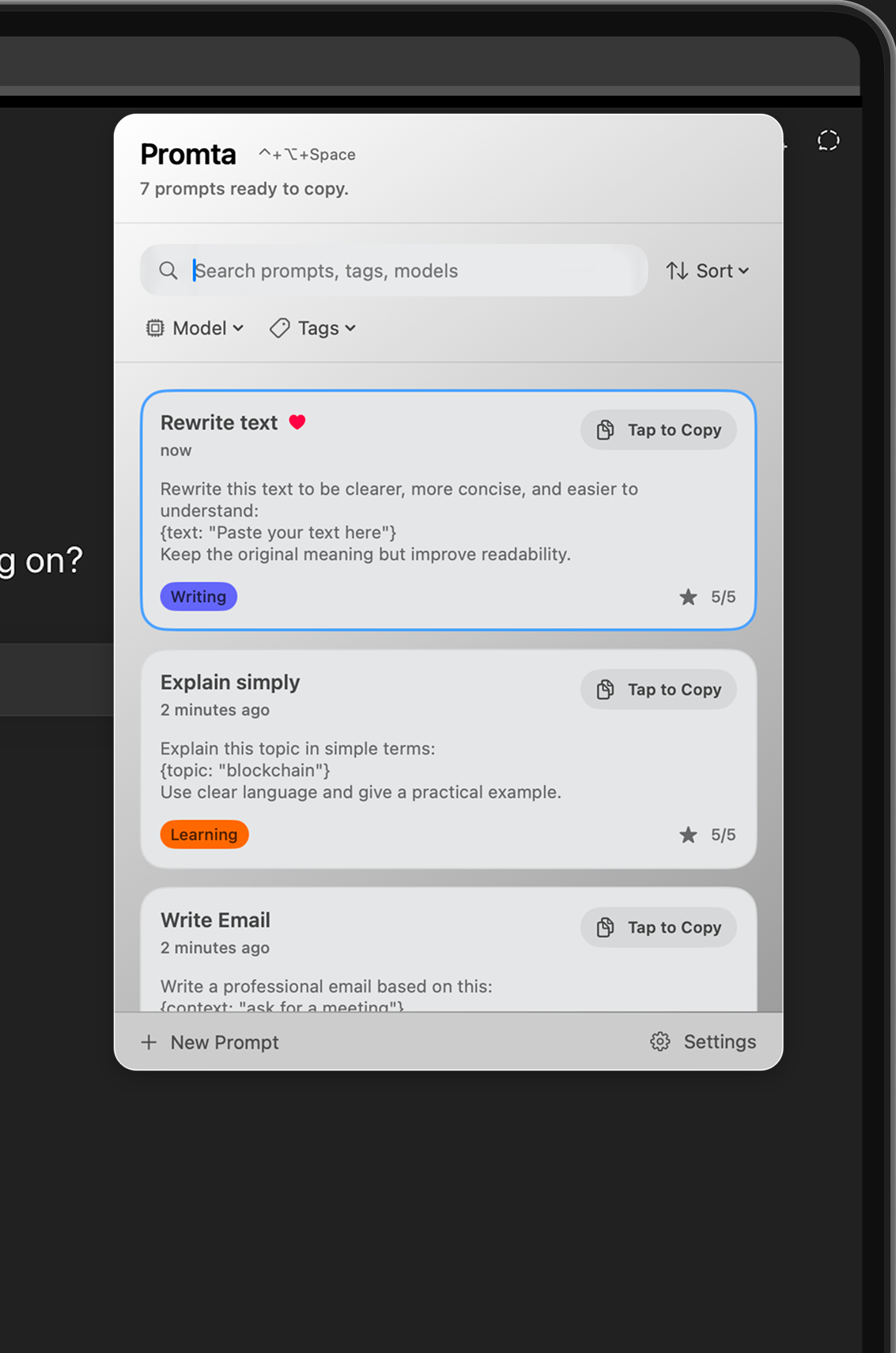 Promta macOS menu bar utility ready to copy prompts